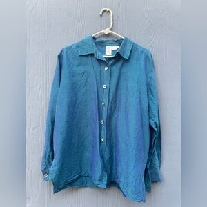 Vintage Clifford & Willis Teal Silk Long Sleeve Button Down Shirt Size LG